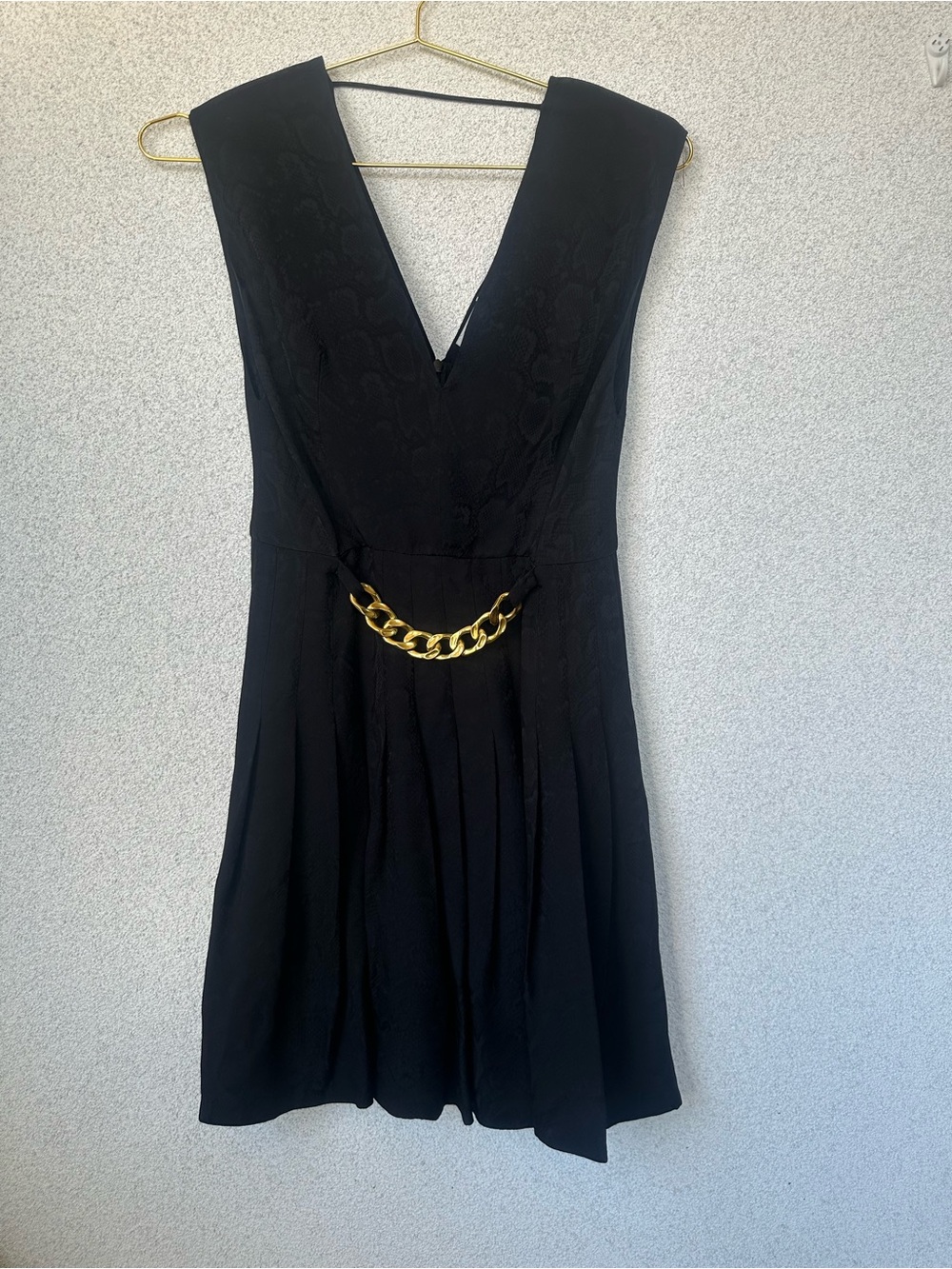 Sandro Paris Black Jacquard Mini Dress Gold Chain Detail Sleeveless Size Small